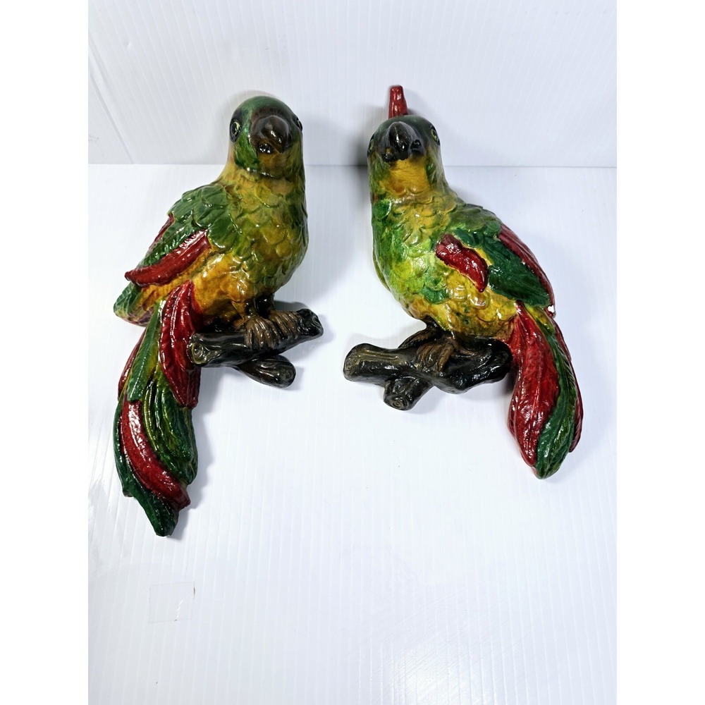 Mid-Century Chalkware Parrot Bird Wall Hanging Sculptures Set Of 2 Tropical Life